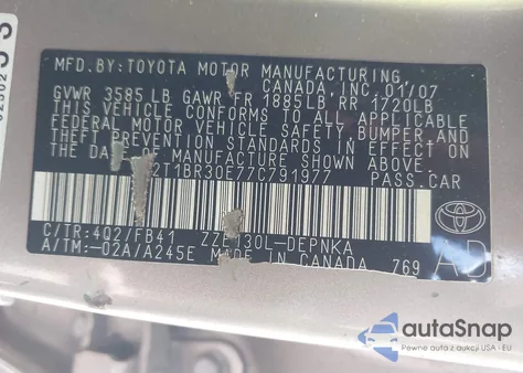 2007 Toyota Corolla Le from USA, damaged, VIN 2T1BR30E77C791977